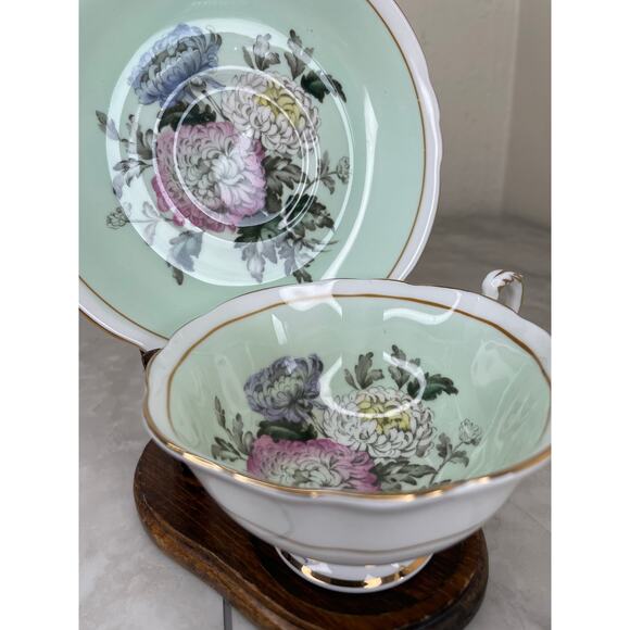 Paragon Double Warrant Teacup & Saucer Chrysanthemum Mums Mint Green A1591 - Picture 7 of 13